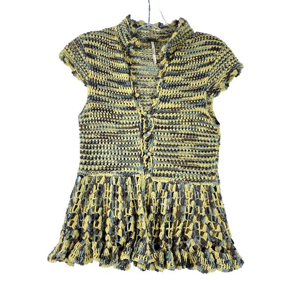 Free People Crochet Top  Sz S Open Knit Yellow Boho Gypsy Hippie - Picture 2 of 9